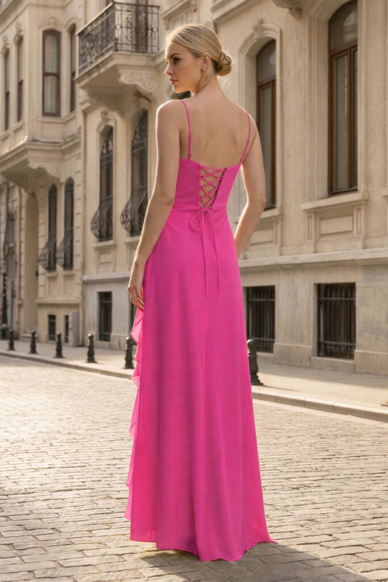 Spaghetti Straps Yellow Chiffon Ruffles Long Prom Dresses with Slit