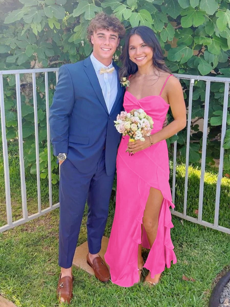 Spaghetti Straps Yellow Chiffon Ruffles Long Prom Dresses with Slit