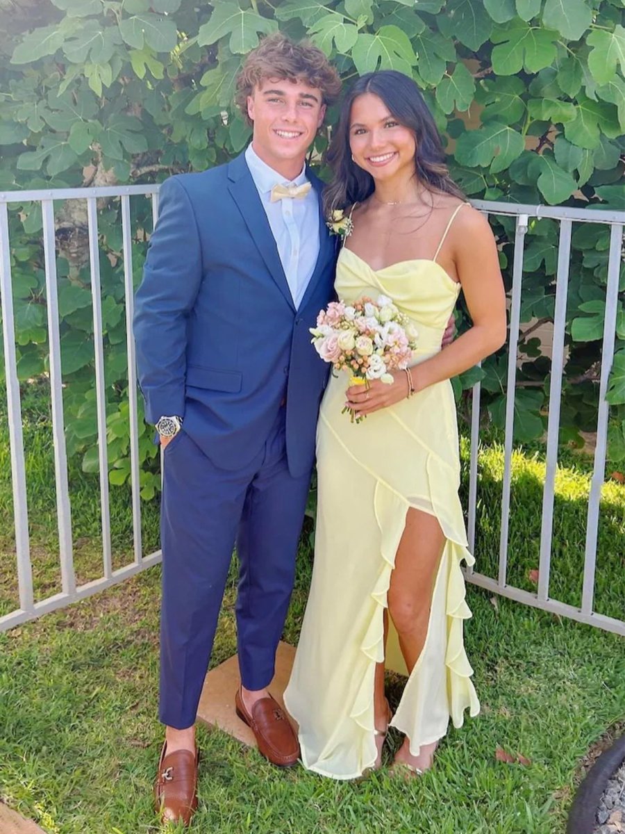 Spaghetti Straps Yellow Chiffon Ruffles Long Prom Dresses with Slit