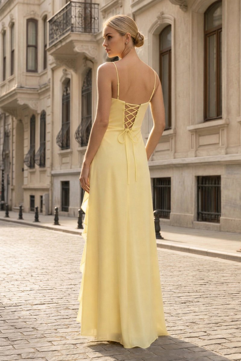 Spaghetti Straps Yellow Chiffon Ruffles Long Prom Dresses with Slit