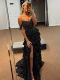 A Line Off-the-Shoulder Satin Tiered Long Prom Dresses With Beads
