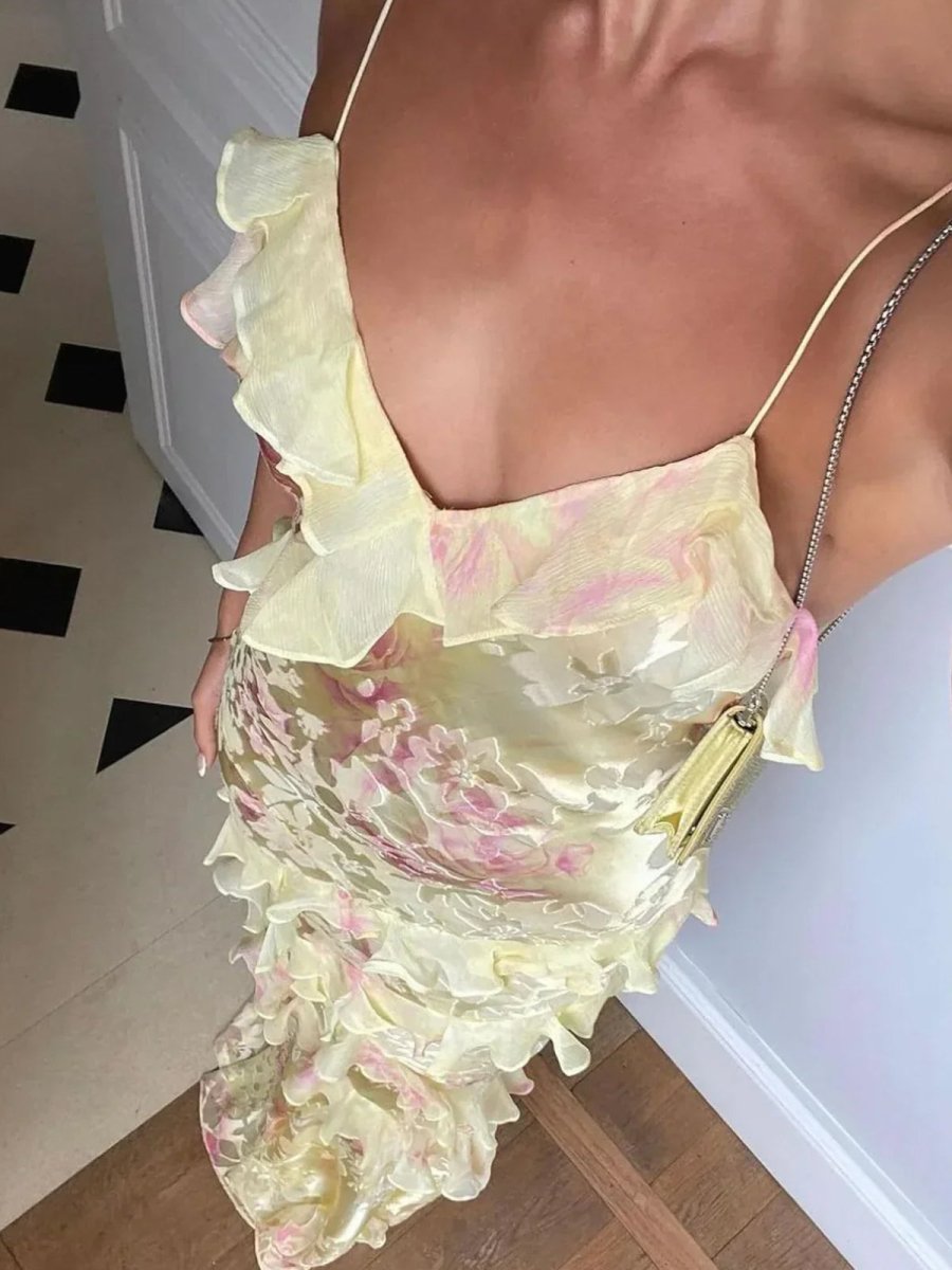 Yellow Spaghetti Straps Mermaid Long Prom Dress with Ruffles